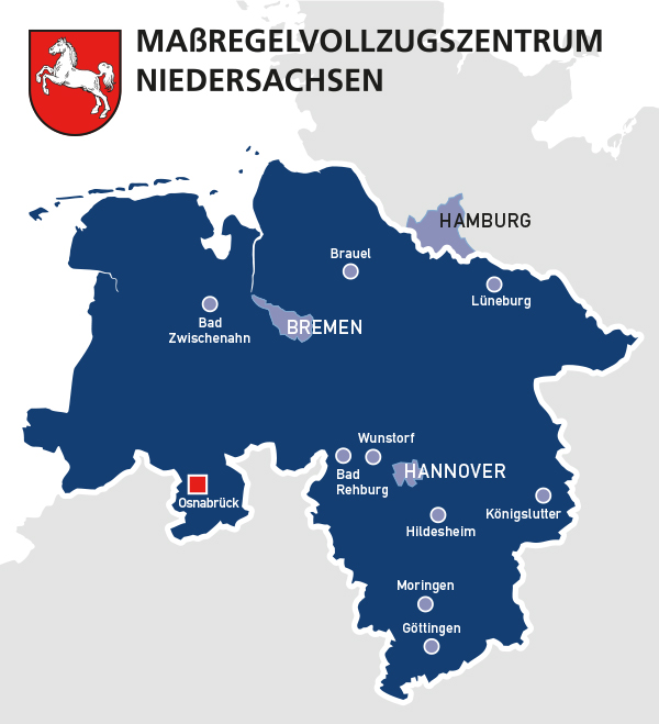 Ma&szlig;regelvollzugszentrum Niedersachsen mit Landkarte und Logo