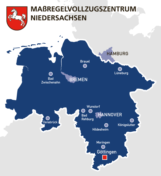 Ma&szlig;regelvollzugszentrum Niedersachsen mit Landkarte und Logo